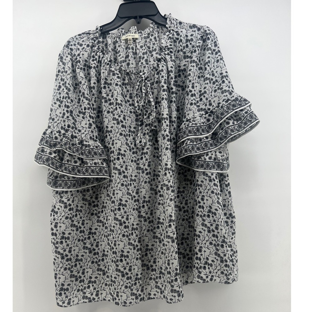 Max Studio Womens 3X Black White Floral Tiered Ruffle Sleeve Blouse